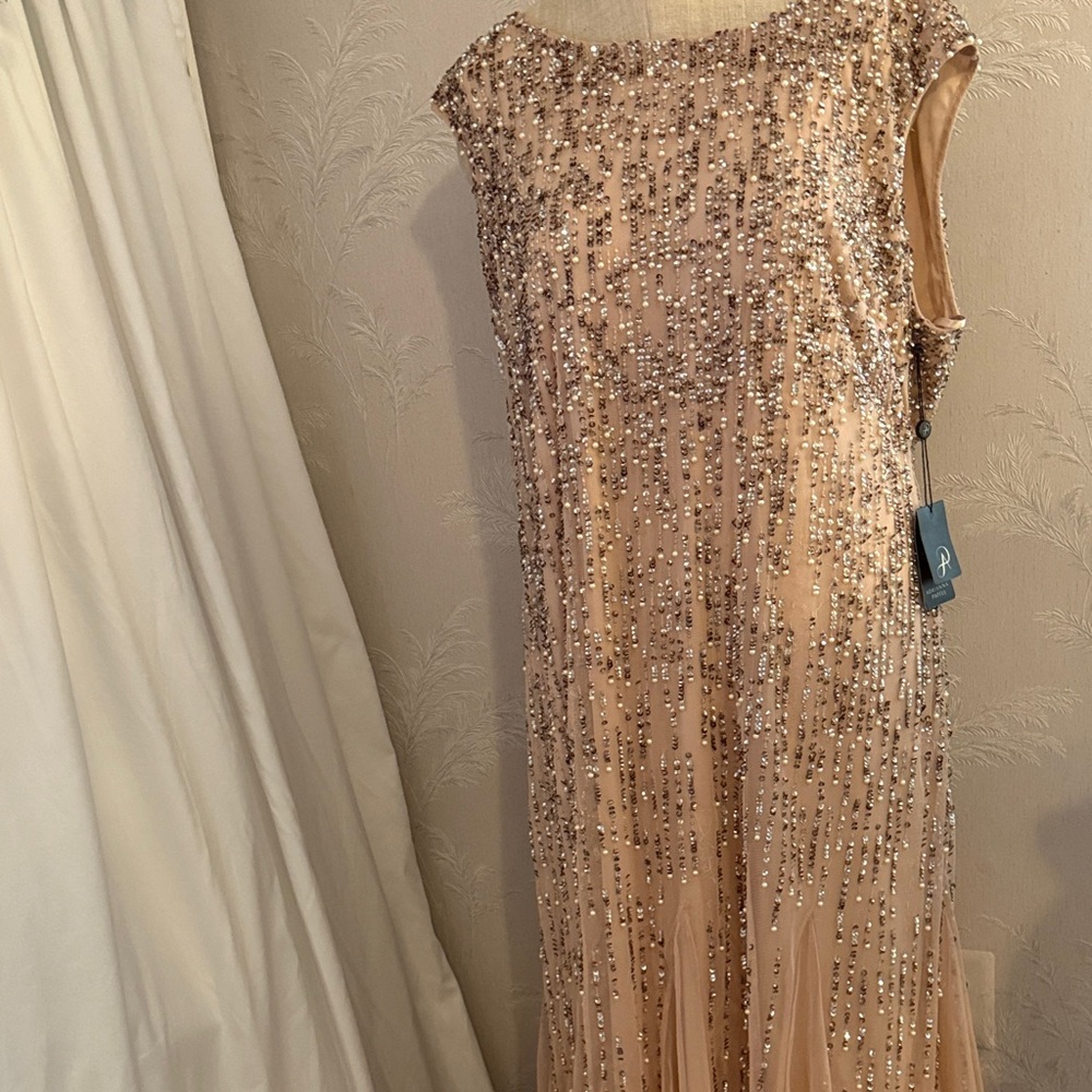Elegant Adrianna Papell Blush Sleeveless Beaded Evening Gown